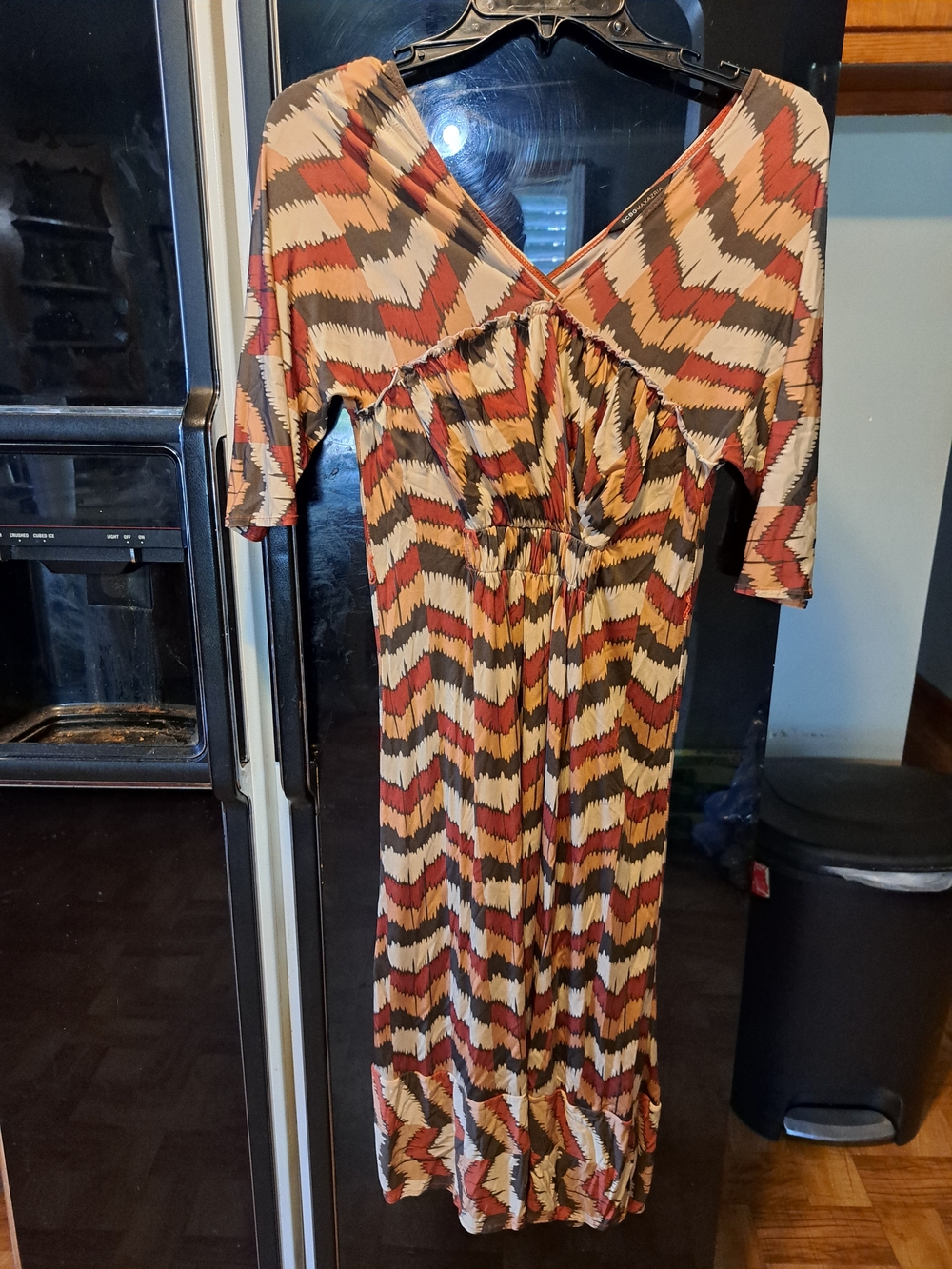 Chevron-Print V-Neck Maxi Dress in Rust and Tan